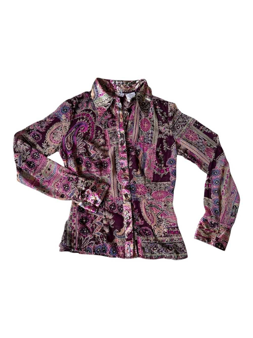 Y2K Whimsigoth Top Size XXS/XS Paisley Purple Pink Chiffon Shirt Long Sleeve